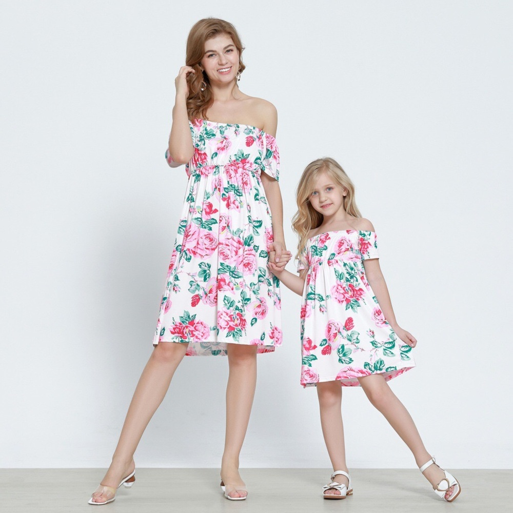 NEW Mommy and Me White/Pink Floral Off the Shoulder Dress